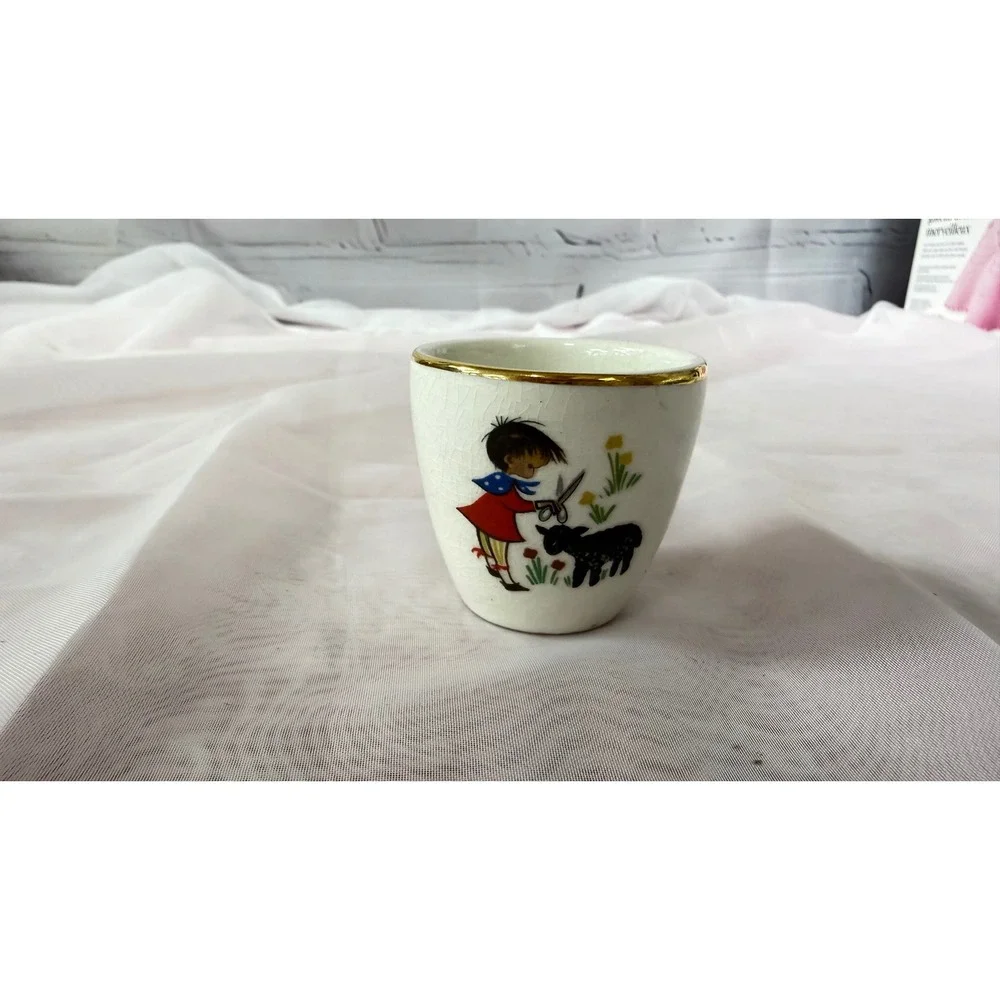 Vintage Arklow Ironstone Ireland Egg Cup Child Shearing Sheep Gold Rim Crackle